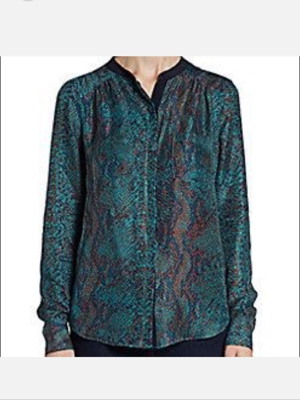 Rebecca Taylor Teal Marble-Print Long-Sleeve Silk Blouse Size 2(XS)